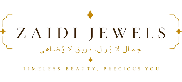 A logo-style graphic for Zaidi Jewels on a white background, with the brand name in large serif letters, Arabic text beneath, and the phrase 'TIMELESS BEAUTY. PRECIOUS YOU' at the bottom in gold and dark brown tones.